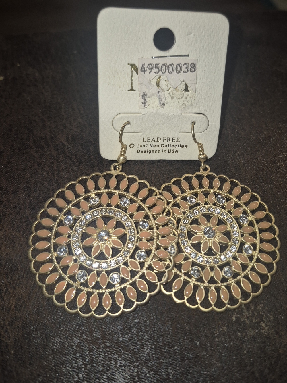 ICON Gold-Tone Earrings with Peach Enamel and Clear Crystals